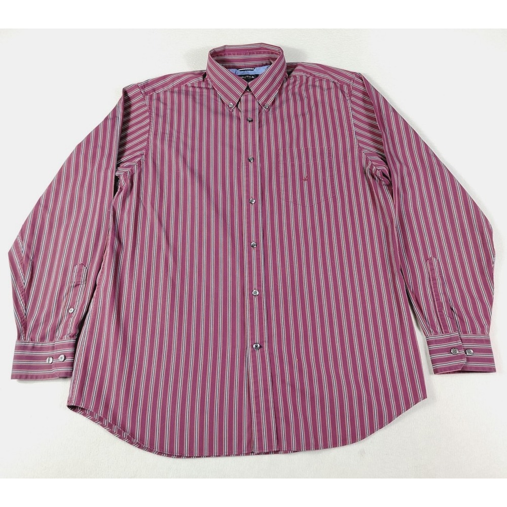 Nautica Shirt Mens Large Red Stripe Long Sleeve Button Up Classic Fit Casual
